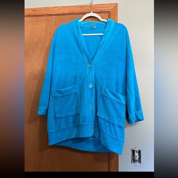 Land's End Women's Terry Cloth Oversized Cardigan Sweater Vintage Turquise Sz S - Picture 1 of 4
